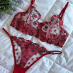 Kırmızı Dantel Çiçekli Sütyen Takımı