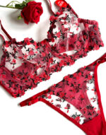 Kırmızı Dantel Çiçekli Sütyen Takımı - Görsel 2
