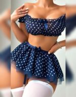 Fırfırlı Puantiyeli Lacivert Kostüm Gecelik