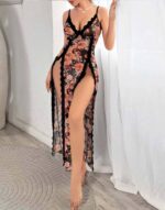 Siyah Gül Pembe  Askılı Uzun Fantezi Gecelik