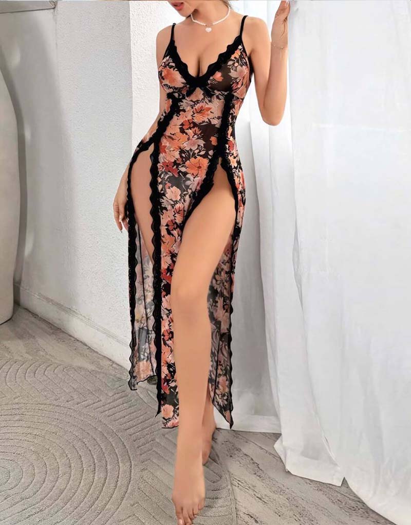 siyah-pembe-gecelik-uzun-2-2 Siyah Gül Pembe Askılı Uzun Fantezi Gecelik - Görsel 1