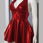 Parlak Kırmızı Deri Sırt Dekolteli Mini Elbise