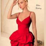 Balon Kesim İnce Askılı V Yaka Mini Elbise