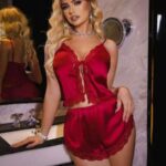 Bordo Dantel İşlemeli İnce Askılı Saten Şortlu Takım